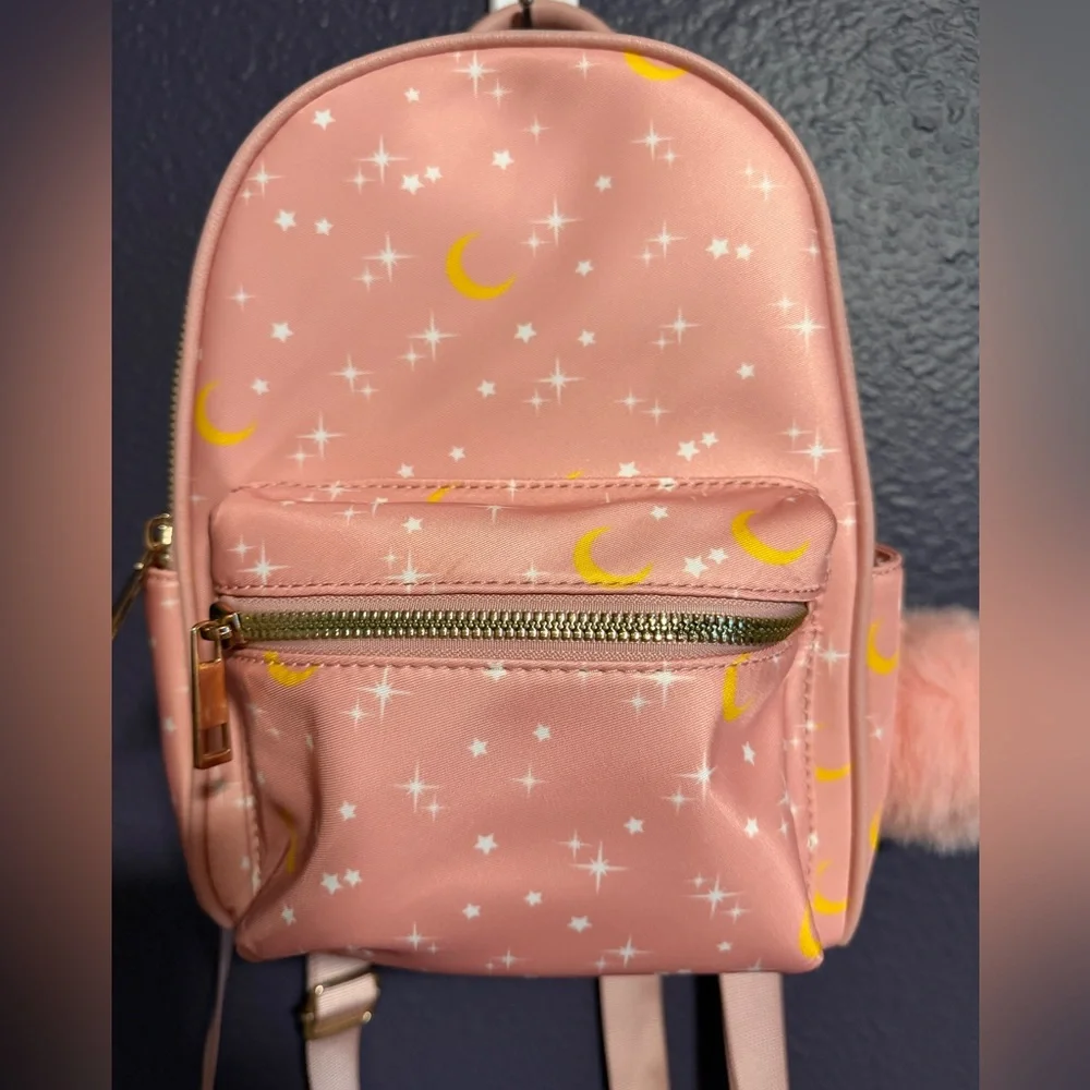 Moon and Stars Pink Celestial Print Backpack with Puff Ball Charm